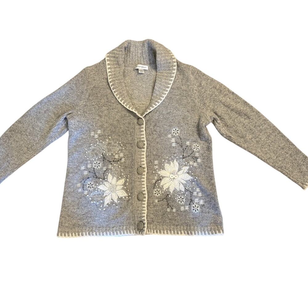 Christopher & Banks XL Gray Floral Cardigan Silk Rabbit Hair Blend
